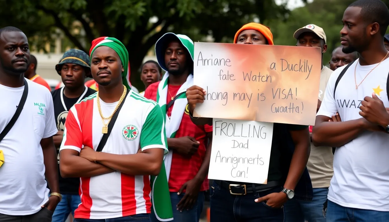A bustling airport scene where African fans navigate logistical hurdles in their quest to secure flights for the World Cup