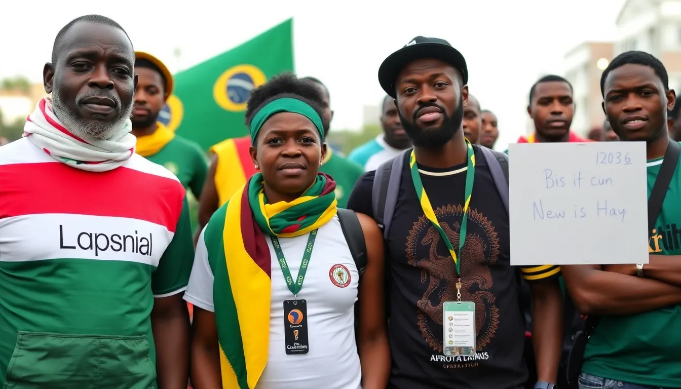 A concerned group of fans discussing the rising costs of travel and accommodation as they prepare for the upcoming World Cup