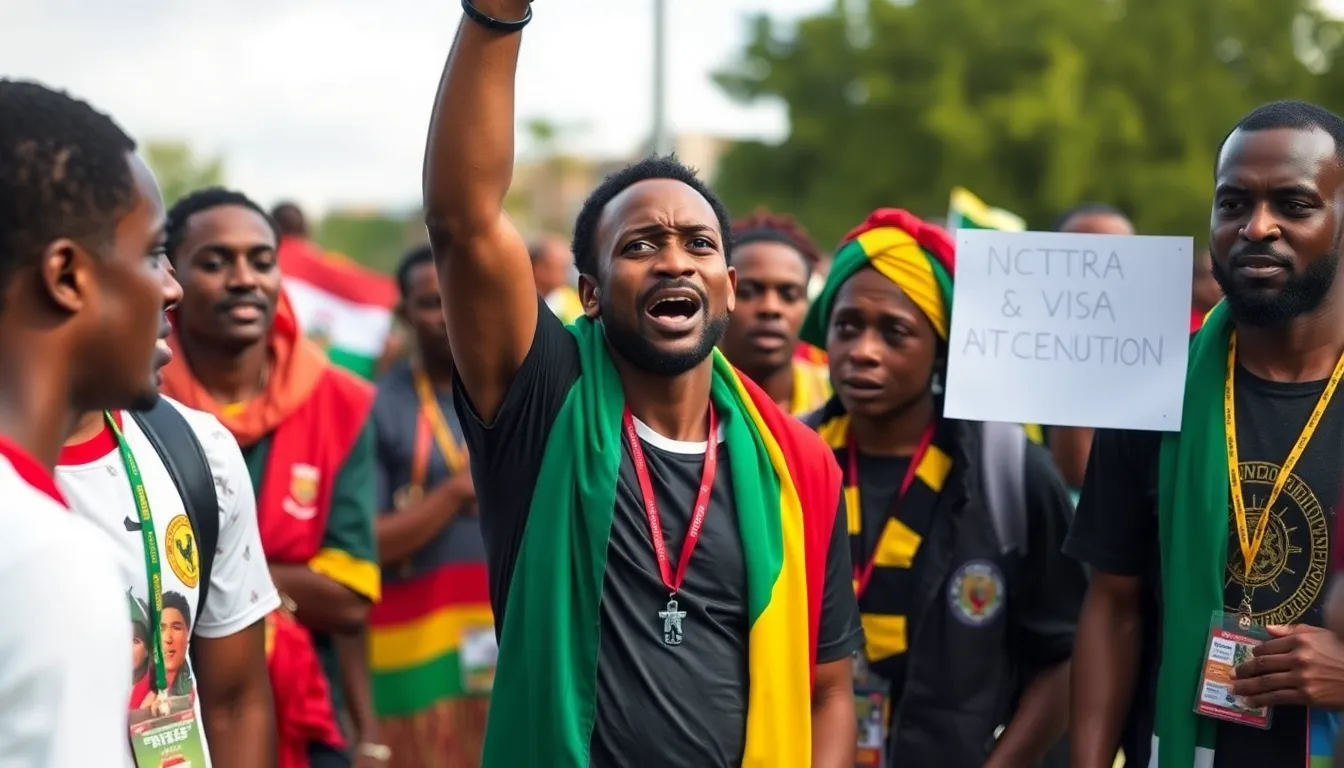 A group of African football fans gathers outside a stadium, expressing their concerns about travel challenges and rising costs as they prepare for the upcoming World Cup.