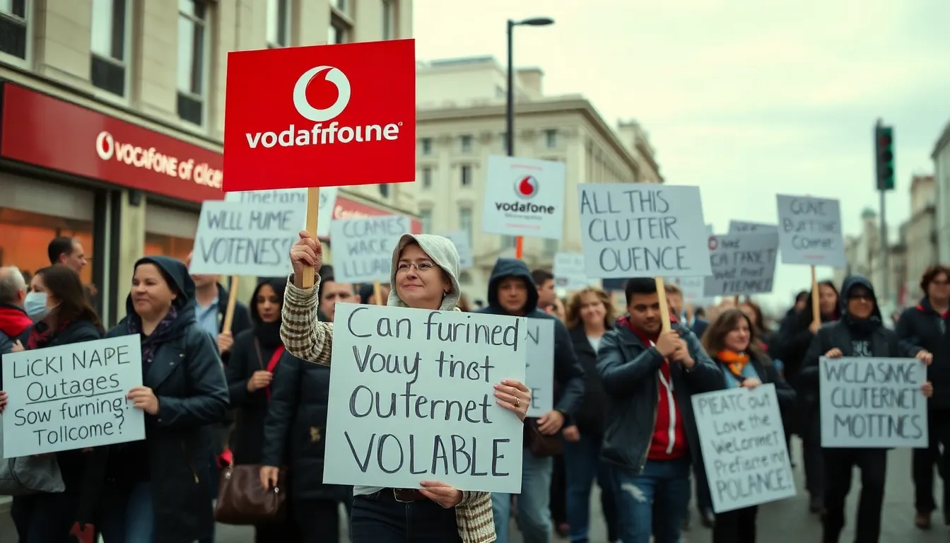 A group of frustrated Vodafone customers gather outside a store, holding signs expressing their dissatisfaction with the company's service and promises.