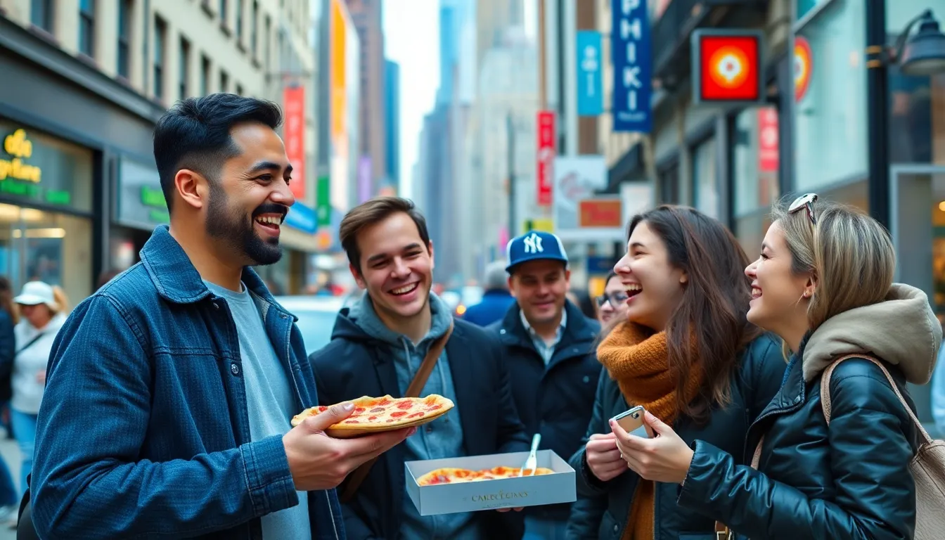 A group of gamers gathers outside a popular New York pizzeria, holding boxes of pizza while discussing the latest 'Invincible' ingame cosmetics they hope to acquire.