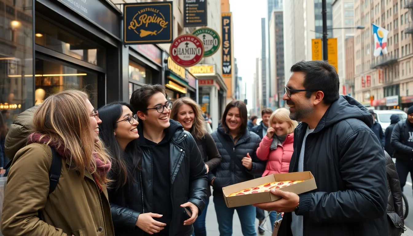 A vibrant display of various New York pizzas, showcasing the creativity and diversity of toppings that attract consumers participating in the unique trend