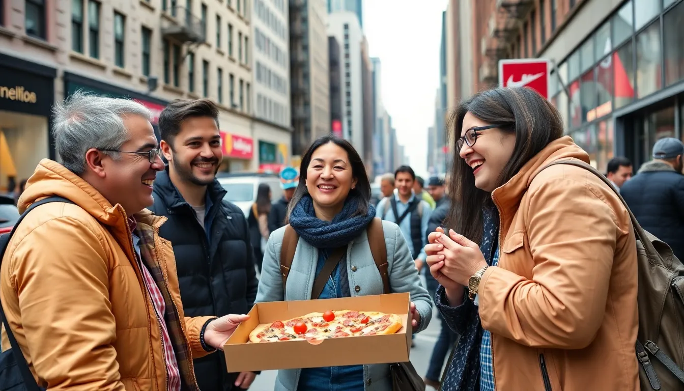 A bustling New York pizzeria filled with customers excitedly ordering pizzas linked to exclusive ingame cosmetics, reflecting the growing intersection of food and gaming