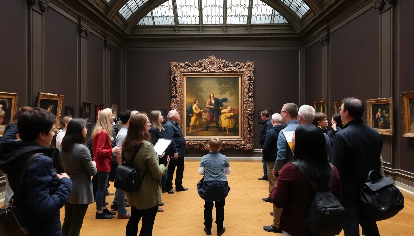Visitors gather at the Musée d'Orsay, engaging in discussions about artwork provenance during an informational session aimed at uncovering the ownership history of various pieces in the museum's collection.