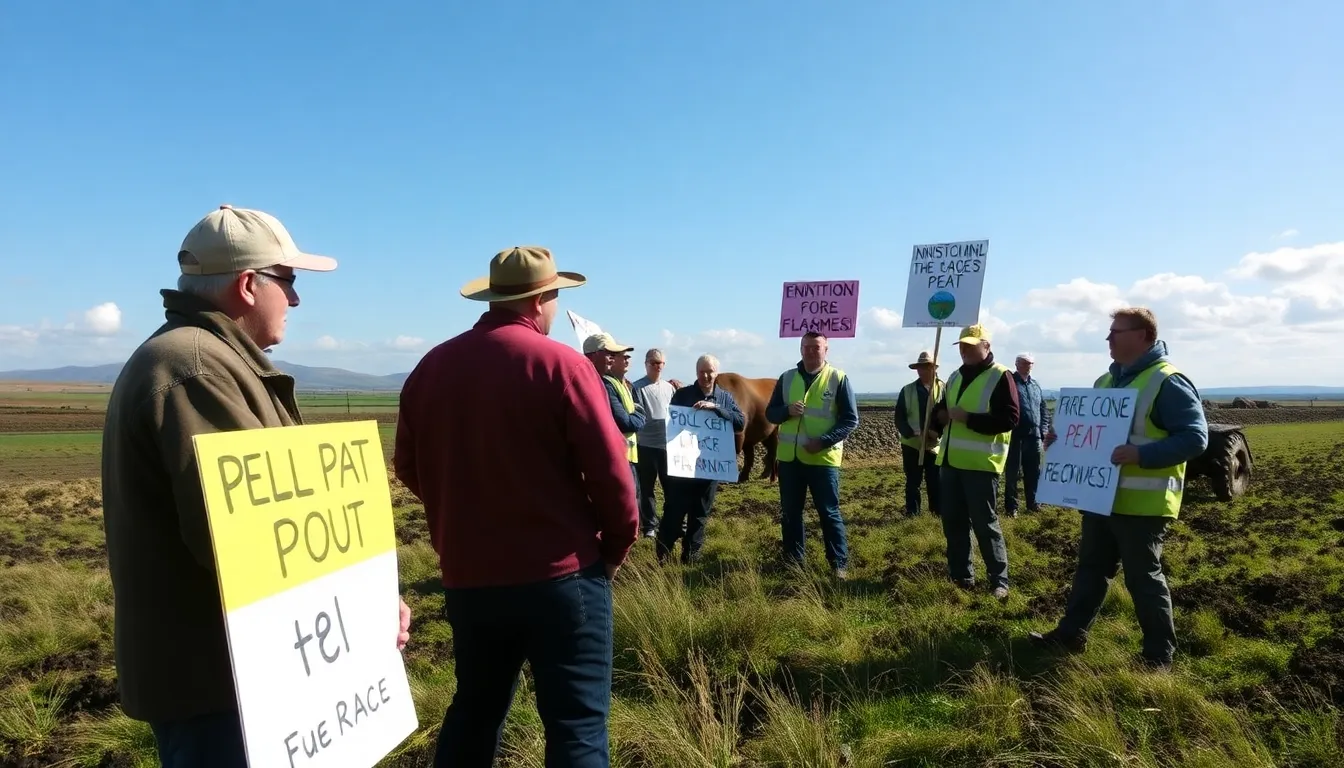 A group of local farmers and environmentalists gathers to discuss innovative strategies for peatland restoration using excess sheep wool in Northern Ireland.