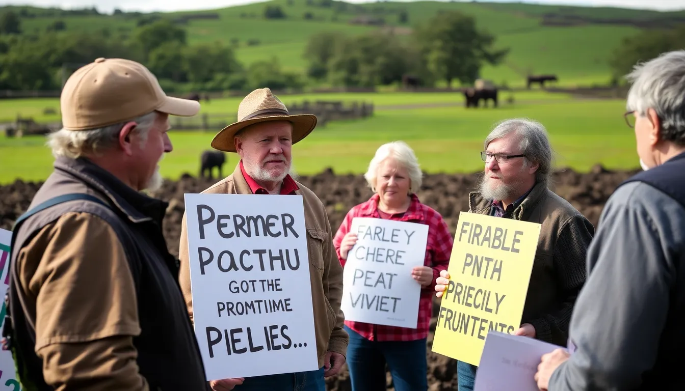 Local farmers discussing sustainable land management practices, emphasizing the integration of wool as a natural resource for peatland restoration
