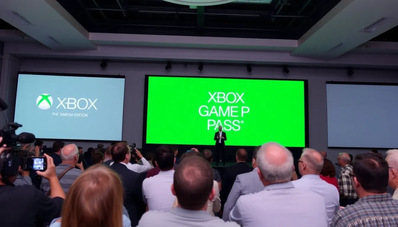 A group of gamers gathers around a television, excitedly discussing the latest Xbox Game Pass updates and the introduction of the new Starter Edition tier.