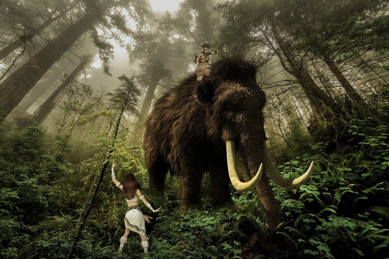 An illustration depicting the ecological interactions between woolly mammoths and small mammals in prehistoric ecosystems